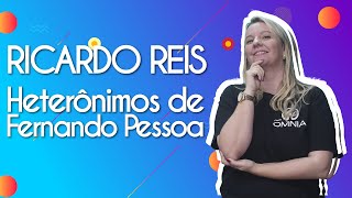 "Ricardo Reis | Heterônimos de Fernando Pessoa" escrito sobre fundo colorido ao lado da imagem da professora