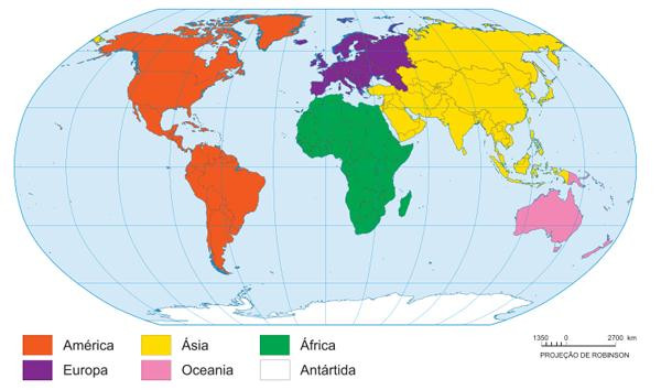 Representação gráfica dos seis continentes. Fonte: IBGE.