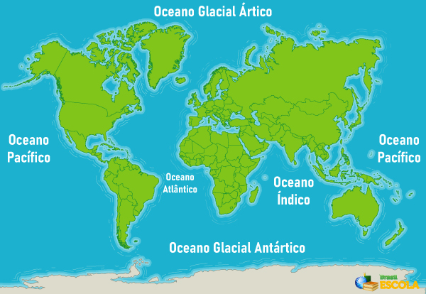 Distribuição dos oceanos no mundo.