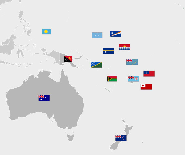 Mapa da Oceania com as bandeiras de seus respectivos países.[1]
