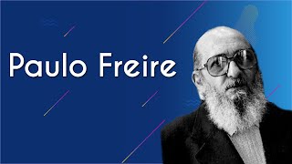 Escrito"Paulo Freire" próximo a ilustração de Paulo Freire.