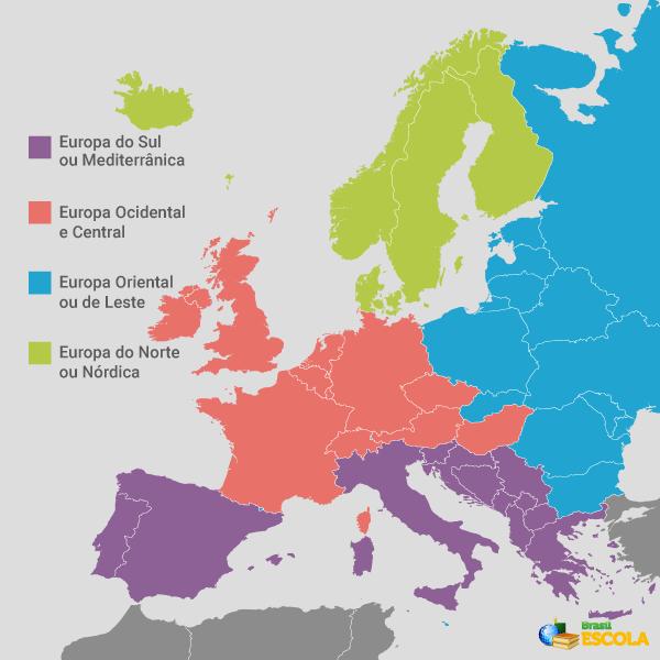 Mapa da Europa demonstrando suas regiões