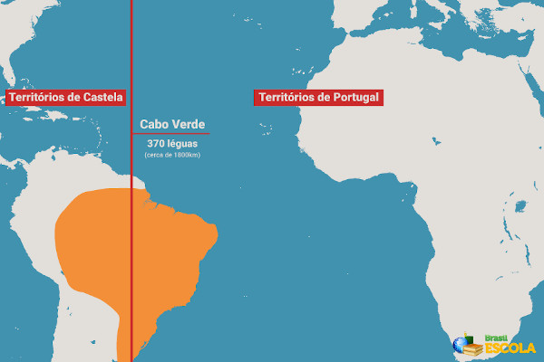 Mapa demostrando o local onde foi estabelecido o Tratado de Tordesilhas.