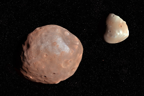 Representação das duas luas de Marte: Phobos, à esquerda, e Deimos, à direita.