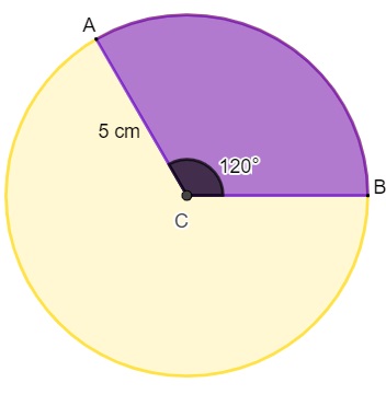 Área de setor circular com ângulo de 120° e raio de 5 cm