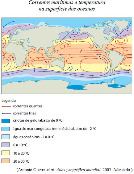 Mapa das correntes marítimas e temperaturas na superfície dos oceanos