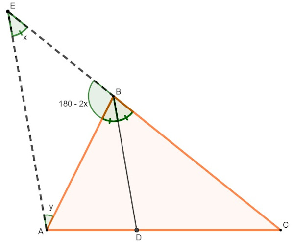 Triângulo ABC em cor bege, com bissetriz BD, prolongamento AEB e ângulos com incógnita no prolongamento.