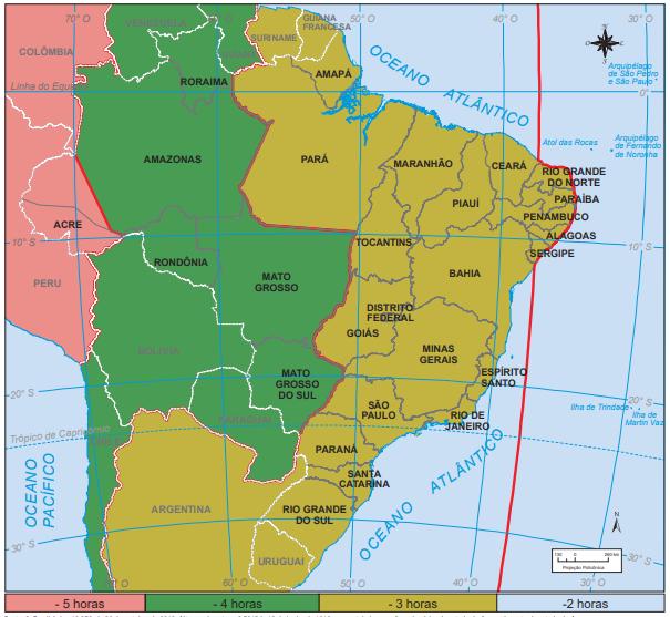 Mapa marcando a divisão dos fusos horários do Brasil