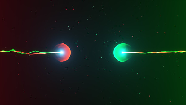 Ilustração da colisão iminente de duas partículas.
