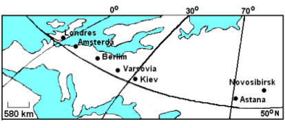 Mapa indicando Londres, Amsterdã, Berlim, Varsóvia, Kiev, Novosibirsk e Astana em relação à divisão de fuso horário.