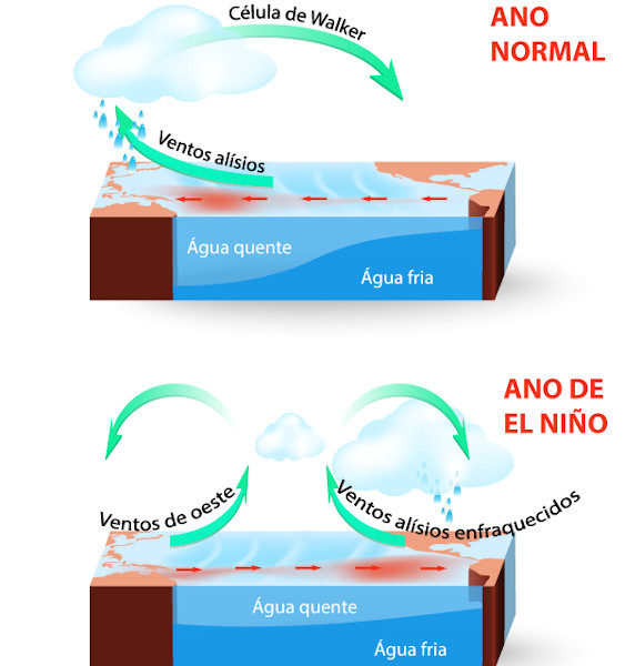 Ilustração dos ventos alísios e sua influência sobre a temperatura das águas do Pacífico em anos normais e de El Niño.