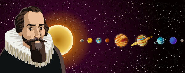 Ilustração de Johannes Kepler e do Sistema Solar ao fundo.
