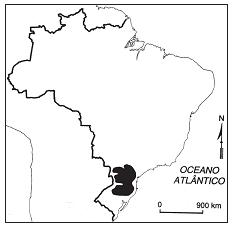 Mapa do Brasil com sombreamento indicando a mata das araucárias.