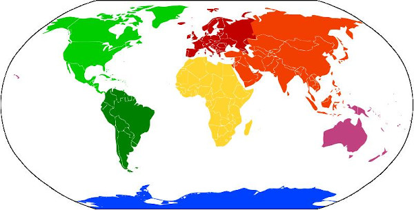 Ilustração do globo terrestre com demarcação colorida dos continentes.
