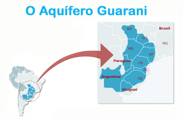 Mapa da distribuição das águas do aquífero Guarani pela América Latina
