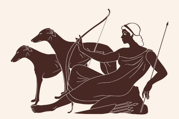 Ilustração da deusa Ártemis com seu arco e flecha e acompanhada de dois cães de caça