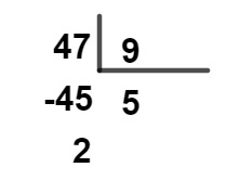 Estruturação da divisão do número 47 por 9, resultando em 5 e restando 2.