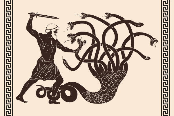 Ilustração de Zeus lutando contra a hidra de Lerna
