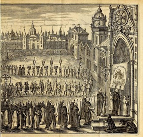 Procissão da Inquisição em uma igreja, uma ilustração de Gabriel Dellon, 1688.