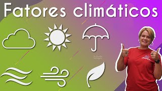 "Fatores climáticos" escrito sobre fundo colorido, abaixo há ilustrações de nuvem, sol, guarda-chuva, vendo, água e folha