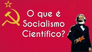 "O que é socialismo científico?" escrito em fundo vermelho, com ilustrações do símbolo do comunismo e de Karl Marx