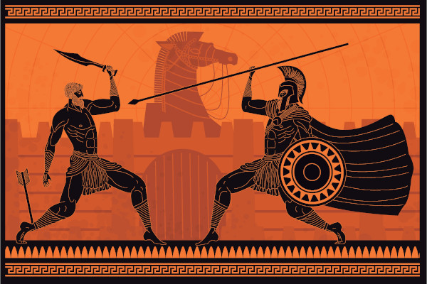 Pintura da Guerra de Troia com luta de Aquiles.