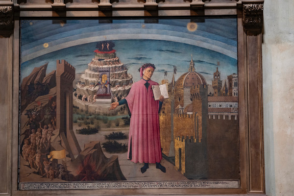 Retrato de Dante Alighieri com sua obra “A divina comédia”.