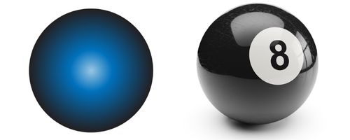 Comparação entre o modelo atômico de Dalton e uma bola de bilhar de número 8.