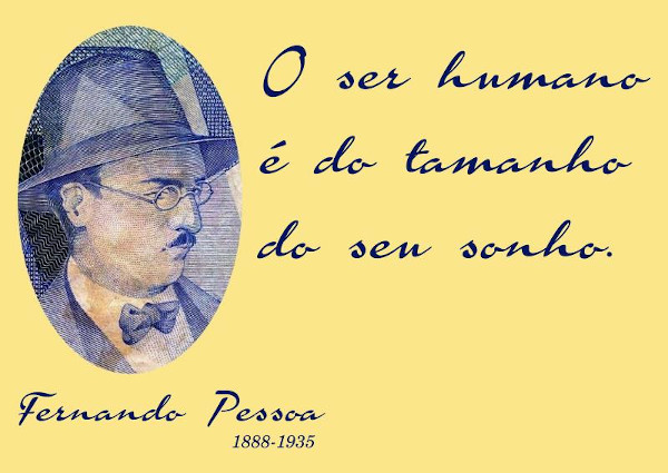 Retrato de Fernando Pessoa, autor criador de vários heterônimos, ao lado de uma de suas frases.