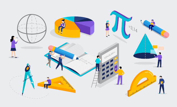 Ilustração de vários elementos característicos da Matemática: calculadora, gráfico, compasso, número pi, cone, lápis etc.