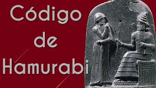 "Código de Hamurabi" escrito sobre fundo vermelho, ao lado há uma escultura de pedra antiga