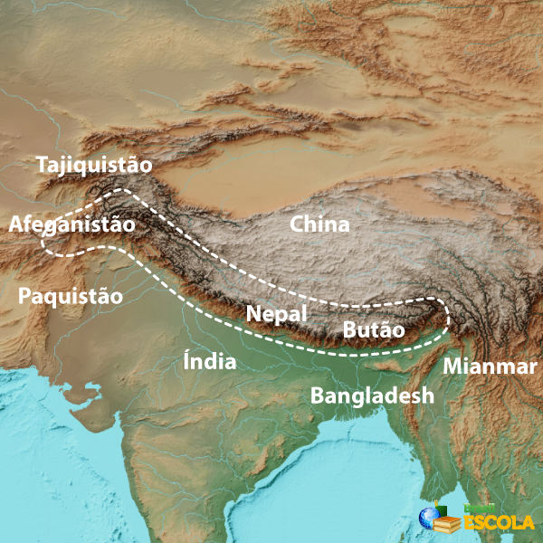 Mapa da cordilheira do Himalaia, situada entre o planalto tibetano e o subcontinente indiano.