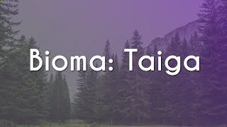 Texto"Bioma: Taiga" próximo a uma representação do que é o Bioma: Taiga.
