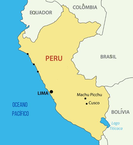 Mapa do Peru indicando a localização de Machu Picchu.