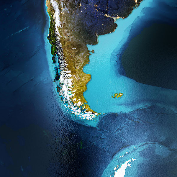 Vista aérea do extremo sul da América, onde fica a Patagônia.