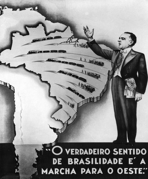 Cartaz publicitário incentivando a Marcha para o Oeste traz o mapa do país e a figura de Getúlio Vargas à direita.