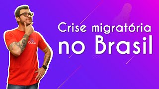 "Crises migratórias no Brasil" escrito sobre fundo roxo ao lado da imagem do professor