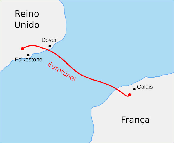 Mapa indicando o Eurotúnel, o túnel submarino no Canal da Mancha que faz a ligação entre a Inglaterra e a França.