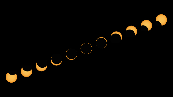 Eclipse solar híbrido, visto a partir de diferentes perspectivas (total, parcial e anular) devido à curvatura da Terra.