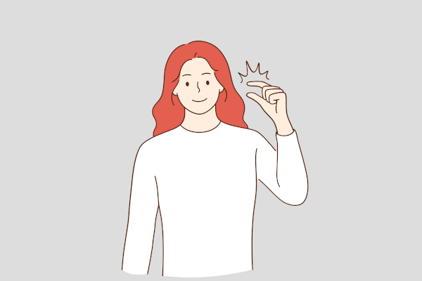 Ilustração de mulher fazendo gesto de “pouco” ou “pequeno” em alusão a “few” e a “little”, relacionados à pouca quantidade.