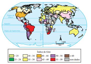 Delimitação no globo terrestre da concentração de renda no mundo em 2008 (índice de Gini).