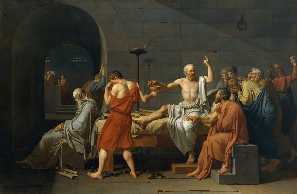 “A morte de Sócrates”, de Jacques Louis David, uma obra que evidencia as referências greco-romanas do neoclassicismo.