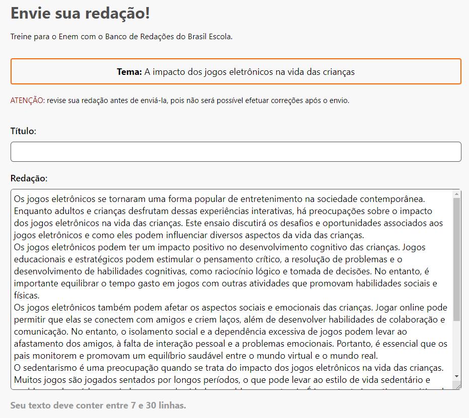 Página de envio de redação no Banco de Redações do Brasil Escola Vestibular