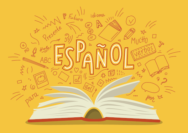 Ilustração de um livro aberto próximo a vários escritos em espanhol (español), a língua oficial de 21 países.