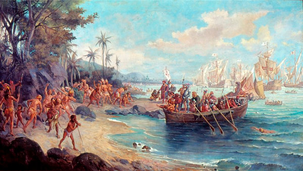 Desembarque dos portugueses no Brasil retratado em uma pintura, uma temática da literatura de informação.