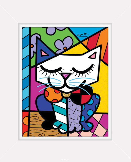 Obra de arte de Romero Britto retratando um gato.