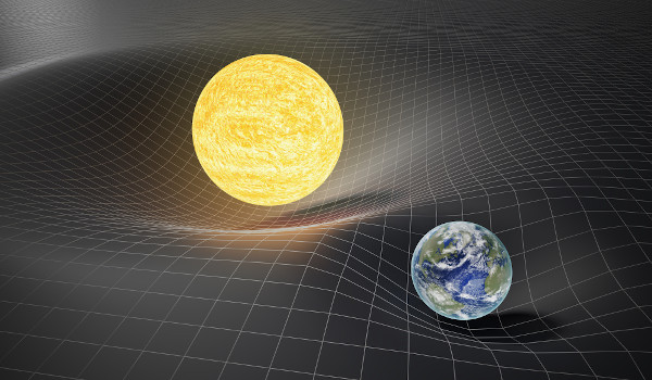 Ilustração da Terra e do Sol em uma malha distorcida, uma alusão às ondas gravitacionais no espaço-tempo.