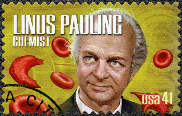 Rosto de Linus Pauling, que desenvolveu o conceito de eletronegatividade, estampando um selo dos Estados Unidos.