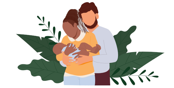 Representação de uma família (um casal e um bebê) formada por mãe negra e pai branco em alusão à miscigenação brasileira.