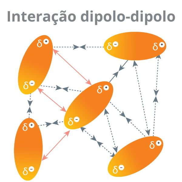 Figuras ovaladas e linhas tracejadas e cheias representando a ação de forças intermoleculares.
